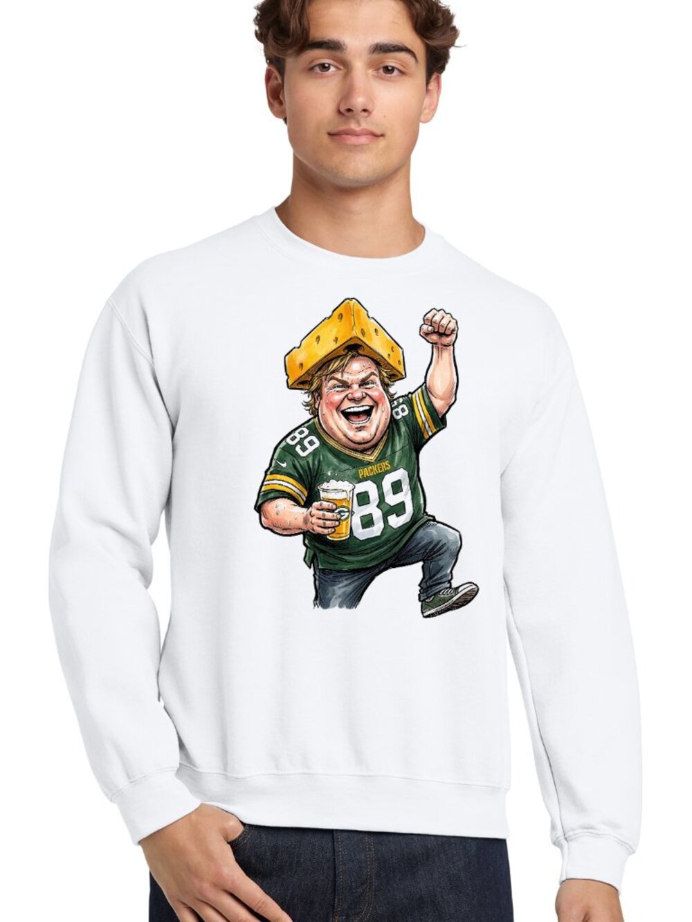 Chris Farley is a Green Bay packer Fan crewneck sweatshirt WHITE